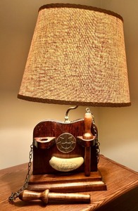 lot 139 image: Antique Nautical Table Lamp with Wooden Base and Compass Design