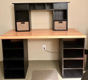 lot 141 image: Black Wood Desk with Woven Basket Drawers and Open Shelving