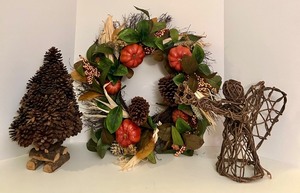 lot 165 image: Autumn Themed Wreath, Pinecone Tree, and Wicker Angel Decoration Set