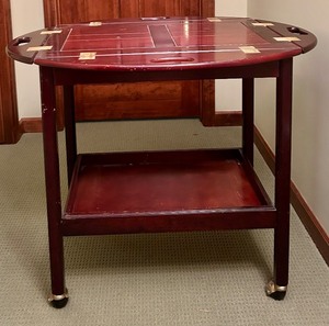 lot 275 image: Antique Mahogany Oval-Top Serving Cart with Brass Accents