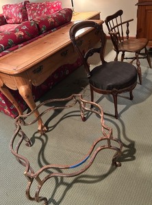 lot 300 image: FOR PARTS OR REPAIR Furniture Lot Coffee Table, Side Table, and Chair Set with Unique Metal Base