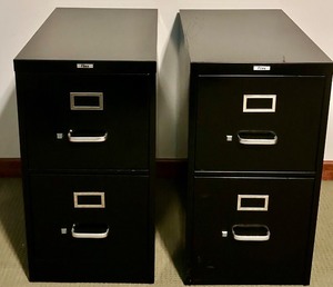 lot 107 image: Set of 2 Black Metal Vertical File Cabinets with Four Drawers
