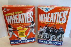 lot 62 image: Set of 2 Wheaties Boxes 1987 & 1991 World Champions Minnesota Twins Edition