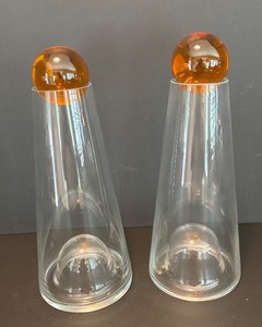 lot 74 image: Pair of House Design Modern Art Glass Water Carafes with Amber Accents