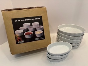 lot 89 image: Set of 8-Piece Stoneware Ramekin Servers with 9 Assorted Souffle  Creme Brulee Dishes