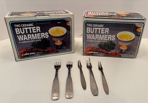 lot 95 image: Set of 4 Fox Run Ceramic Butter Warmers with Crab Forks