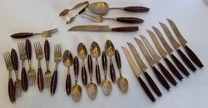 lot 234 image: Vintage Bronze Flatware with Rosewood Handles Set - 8 Forks, 8 Spoons, 8 Knives, Serving Pieces