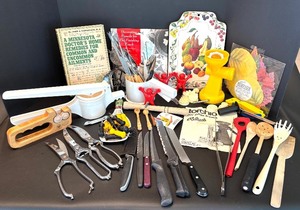 lot 238 image: Assorted Kitchen Utensils and Tools Featuring Knife Sharpener and Decorative Stencils