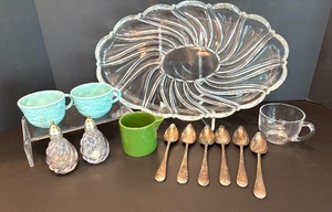 lot 252 image: Vintage Glass Platter, ASA Creamer, Floral Teacups, and Silver Grapefruit Spoons