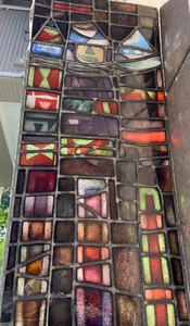 lot 4 image: Large Antique Vintage Artisan Stained Glass Window Panel with Clown Motif