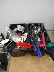lot 98 image: (2) Bins of Measuring Cups, Whisks, Misc. Kitchen Gadgets