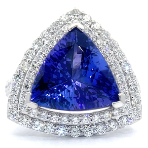 lot 9 image: Oscar Friedman 6.06 Carat AAA Quality Tanzanite & Pav Natural Diamond Double Halo Cathedral Ring in Platinum w Report VIDEO