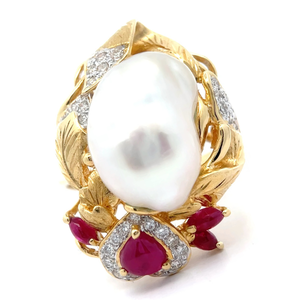 lot 19 image: Baroque Cultured South Sea Pearl 1.27 Carat Ruby & Natural Diamond Free Form Ring in 18k Yellow Gold w Report VIDEO