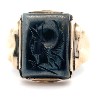 lot 38 image: Mens Vintage Cabochon Tablet Carved Hematite Gladiator Ring in Yellow Gold