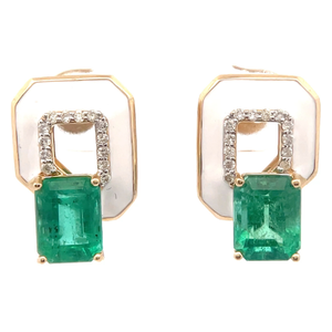 lot 29 image: 3.96 Carat Emerald & Natural Diamond, Mother-of-Pearl Art Deco Earrings in 14k Yellow Gold w Report VIDEO