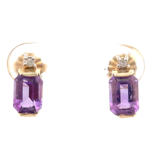 lot 40 image: Emerald Cut Amethyst & Natural Diamond Two-Stone Drop Earrings in 14k Yellow Gold