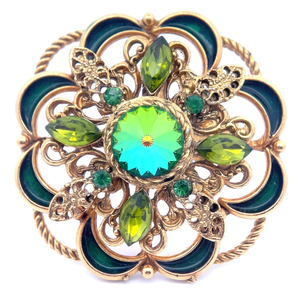 lot 41 image: Costume Jewelry - Green Gemstone Enamel Filigree Flower BroochPin VIDEO