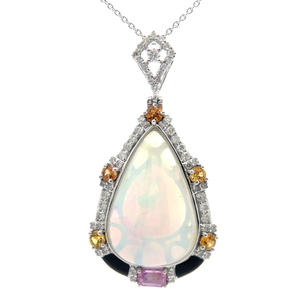 lot 32 image: 16.87 Carat Opal, Sapphires & Natural Diamond Pear Halo Pendant in Platinum w Report VIDEO