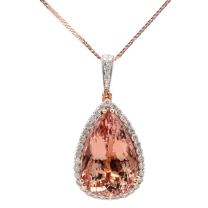 lot 34 image: NEW Oscar Friedman 18.42 Carat Morganite & Natural Diamond Halo Pear Pendant Necklace in 14k Rose Gold w Report