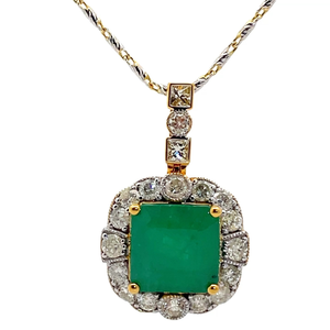 lot 28 image: Oscar Friedman 8.60 Carat Emerald & Natural Diamond Halo Drop Pendant in 14k Yellow Gold w Report VIDEO