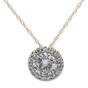 lot 14 image: NEW 1 Carat Diamond Pav Round Halo Pendant Necklace in 14k Yellow Gold