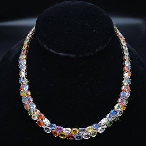 lot 6 image: 86.84 Carat Natural Sapphire & Natural Diamond Double Row Necklace in 14k Yellow Gold w Report