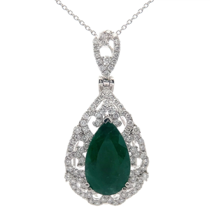 lot 18 image: NEW Oscar Friedman Pear 5.77 Carat Emerald & Natural Diamond Halo Lace Pendant in Platinum w Report VIDEO