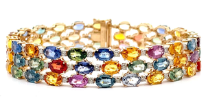 lot 7 image: 42.25 Carat Natural Sapphire & Natural Diamond Triple Row Bracelet in 14k Yellow Gold w Report VIDEO