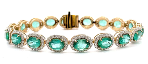 lot 27 image: NEW Oscar Friedman 15.17 Carat Oval Emerald & Natural Diamond Halo Bracelet in 14k Yellow Gold w Report VIDEO