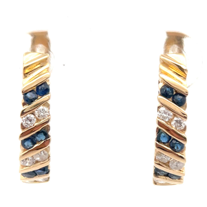lot 36B image: Natural Diamond & Blue Sapphire Two-Stone Channel Hoop Earrings in 14k Yellow Gold