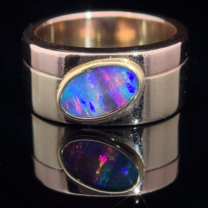 lot 10B image: 1.36 Carat Beautiful Australian Black Opal Modern Wide Band Ring in 14k Two-Tone Gold
