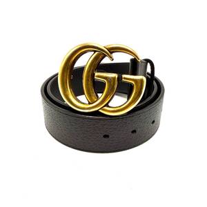 lot 12E image: Gucci Black Leather GG Marmont Belt with Antique Gold Buckle (Size 8032, US Size 30) Pre-Owned Retail $495