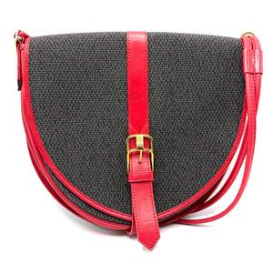 lot 34C image: Yves Saint Laurent Red Leather Trimmed Canvas Saddle Bag with Gold Buckle Accent Pre-Owned Retail $750