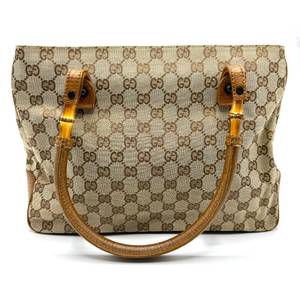 lot 12C image: Gucci GG Canvas Bamboo Handle Tote Bag with Tan Leather Trim Pre-Owned Retail $895