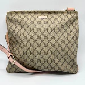 lot 34A image: Gucci GG Canvas Crossbody Bag with Light Pink Leather Trim and Adjustable Strap Pre-Owned Retail $850