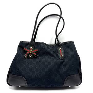 lot 12B image: Gucci GG Canvas Charm Tote Bag with Black Leather Trim and Web Bow Accent Pre-Owned Retail $895