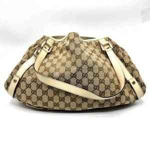 lot 34B image: Gucci GG Canvas D-Ring Hobo Bag with Ivory Leather Trim and Strap Detail Pre-Owned Retail $895