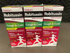 lot 9 image: Set of 3 Childrens Robitussin Cough & Cold Long-Acting Syrup, 4 oz Each
