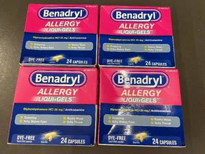lot 43 image: Set of 4 Benadryl Allergy LIQUI-GELS Dye-Free 24 Capsules Each