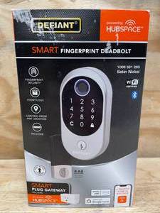 lot 61 image: Smart Fingerprint Deadbolt Defiant Satin Nickel Model # 1009 561 265 - 05152514.28