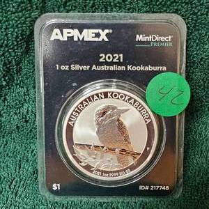 lot 42 image: 2021 1oz Silver Australian Kookaburra APMEX