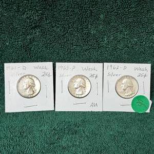 lot 95 image: 1961 D, 1962 D, 1963 P, Washington 25c Silver