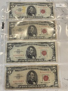 lot 27 image: 1963 Red Seal $5 Dollar Notes