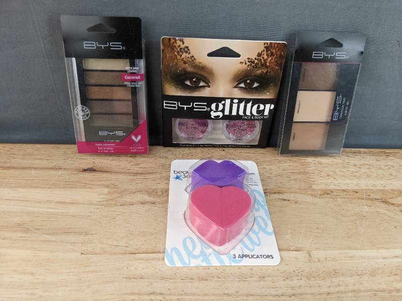 lot 82F image: Brand New BYS Glitter, BYS Contour Trio, BYS Eyeshadow Palette, and Beauty 360 Cosmetic Wedges N