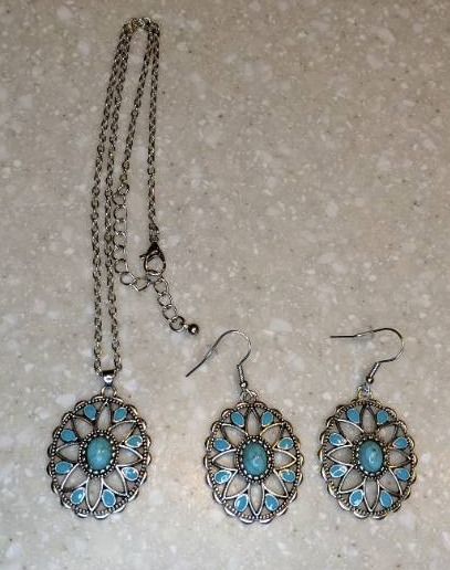 lot 449 image: New Bohemian Style Water Drop Shape Necklace Pierced Earrings Turquoise Silvery P