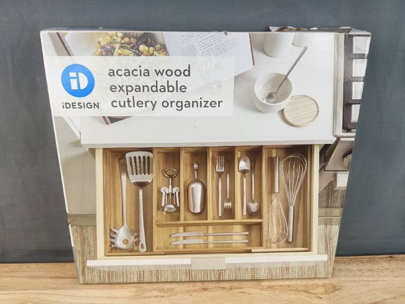 lot 65F image: Brand New iDesign  Acacia Wood Expandable Cutlery Organizer N