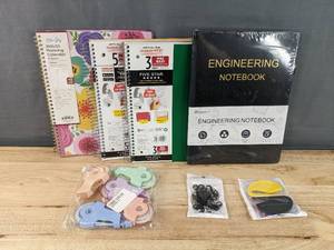 lot 275 image: Brand New Office Supplies 3 and 5 Subject Wide Rule Notebooks, Engineering Notebook, Blue Sky 202425 Planning Calendar, Correction Tape and Letter Openers N