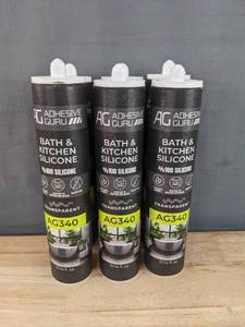 lot 163 image: 6 Brand New Adhesive Guru AG340 Clear Silicone Caulk Sealant for Bath and Kitchen 10.14 fl oz N
