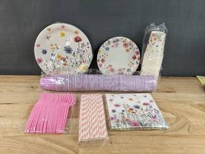 lot 153 image: Brand New Floral-Themed Party Tableware - Plates,  Napkins, Straws, and More N