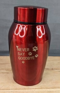 lot 78H image: Brand New Pet Cremation Urn Stainless Steel NEVER SAY GOODBYE Red N